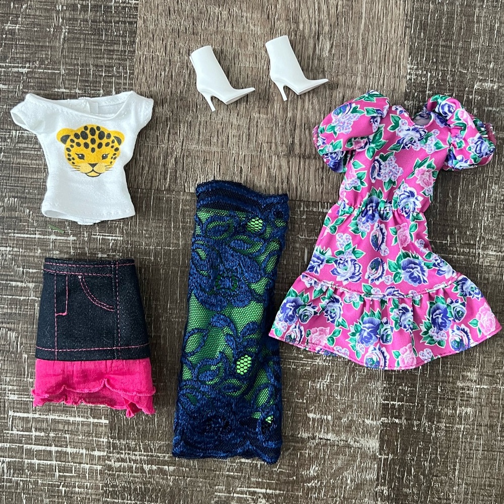Barbie doll clothing set: 2 dresses, denim skirt, tee, boots